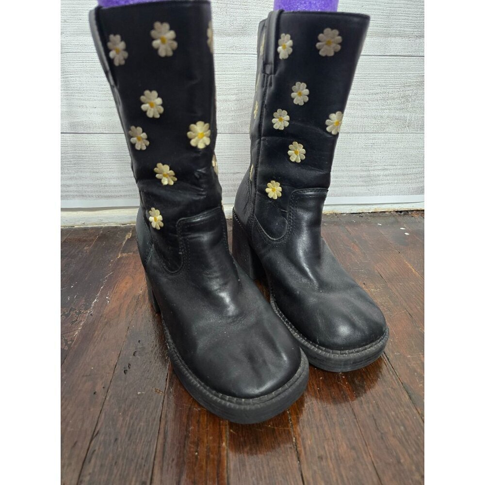 Vintage 90s Y2K Black Daisy Sketchers Grunge Mid-Calf Boots - Picture 2 of 16